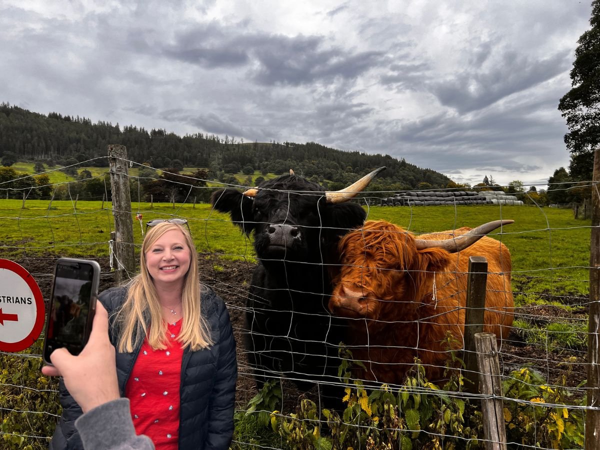 One of our clients at Tour Guide Scotland posing for a picture with Baxter & Honey The Highland Cows at The trossachs Woolen Mill just outside Callandar