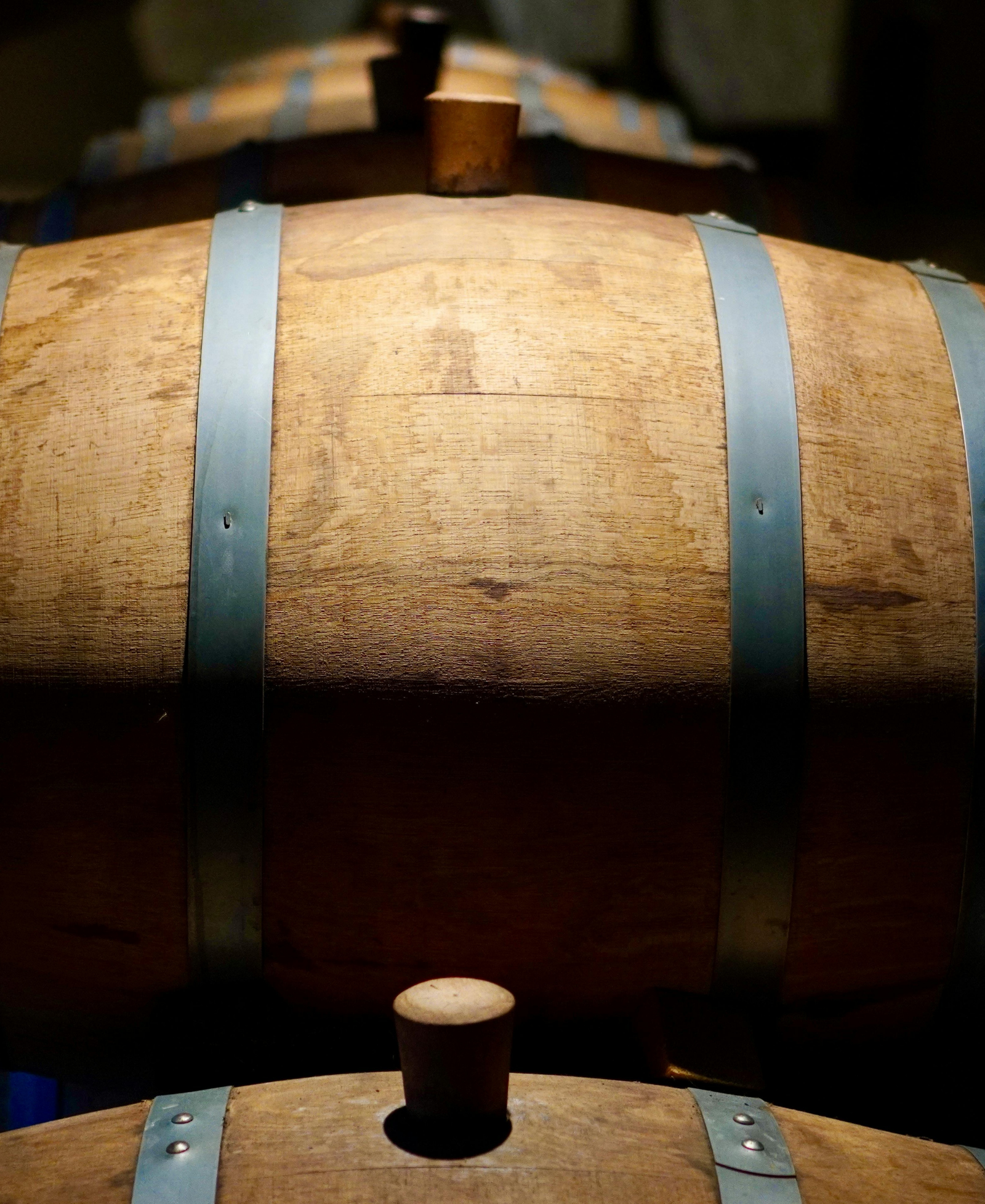Whisky Cask Close-Up Close-up view of oak whisky casks with wooden bungs, stacked in a dimly lit warehouse