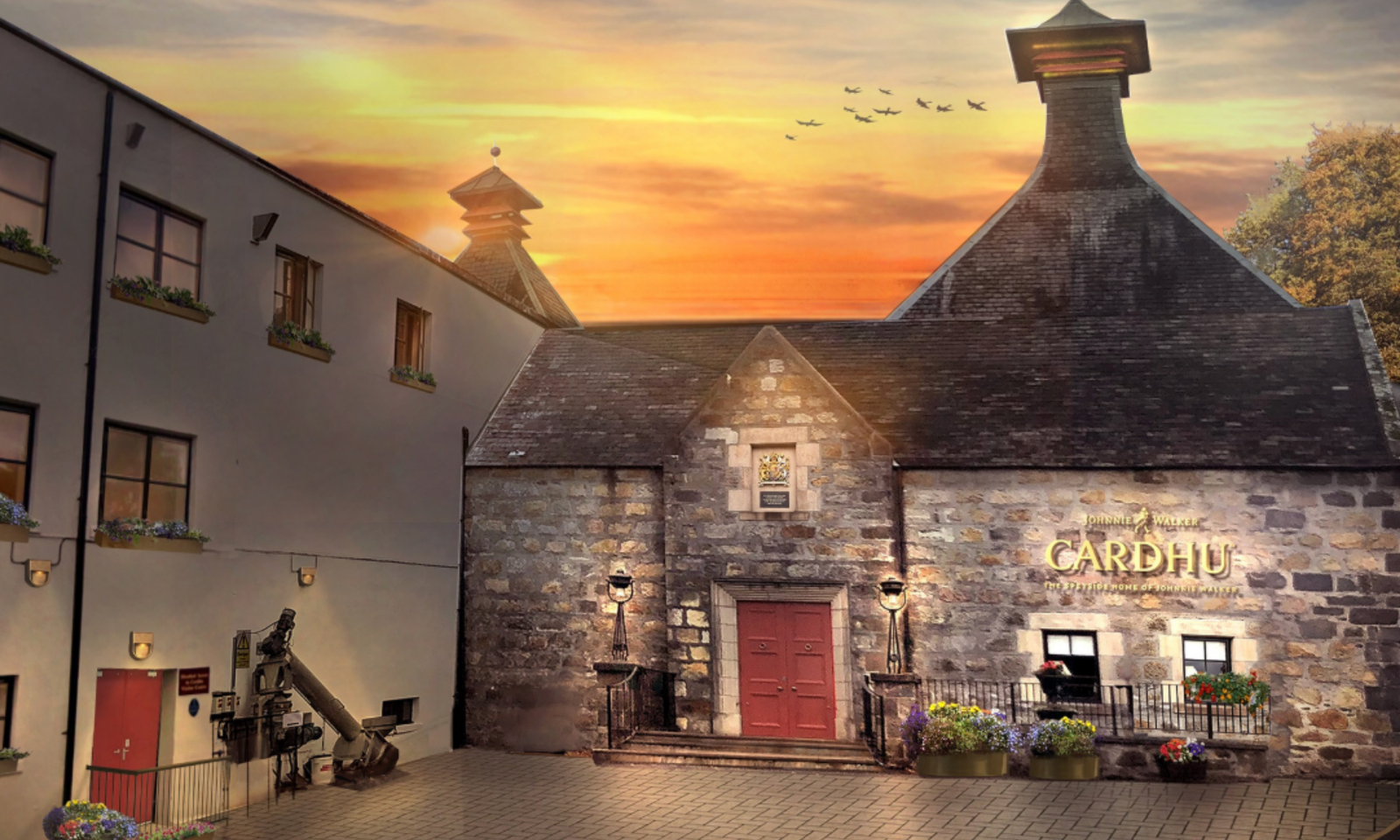 Cardhu Distillery courtyard at sunset, Speyside