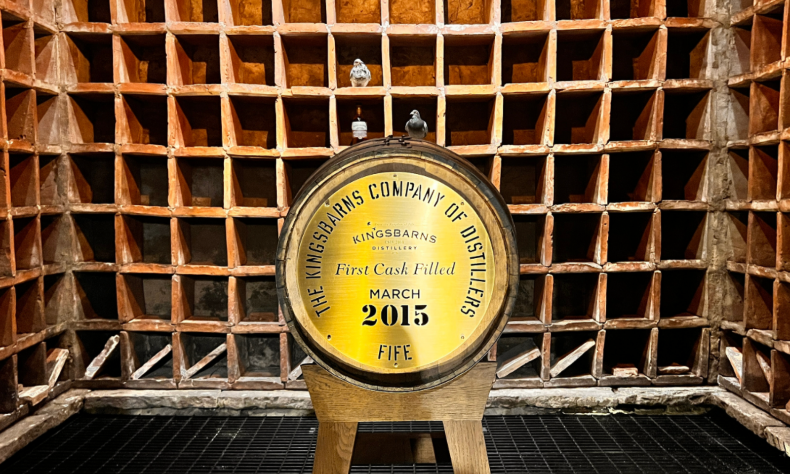 Kingsbarns Distillery's first cask, filled March 2015, on display in Fife