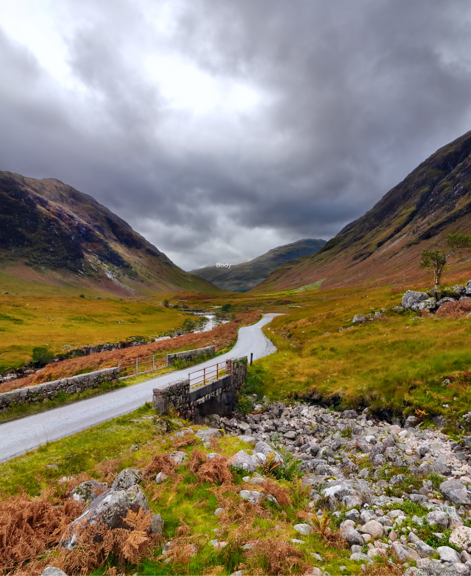 A single-track road winding through a Scottish Highland glen, with a small stone bridge and moody storm clouds overhead
