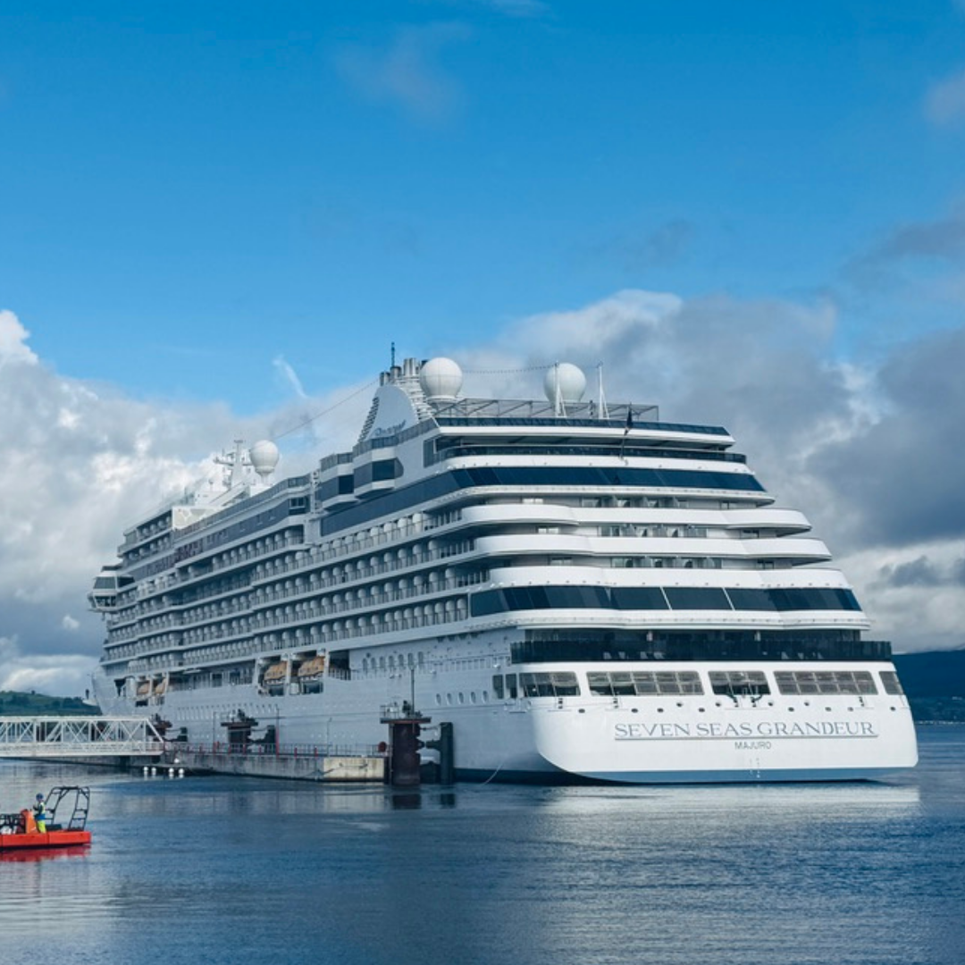 Seven Seas Grandeur Cruise Ship Cruise ship docked at a Scottish port, ready for private shore excursion pick-up